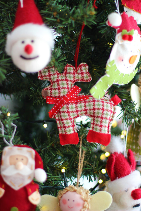 Handmade Chequered Plush Reindeer Christmas Ornament