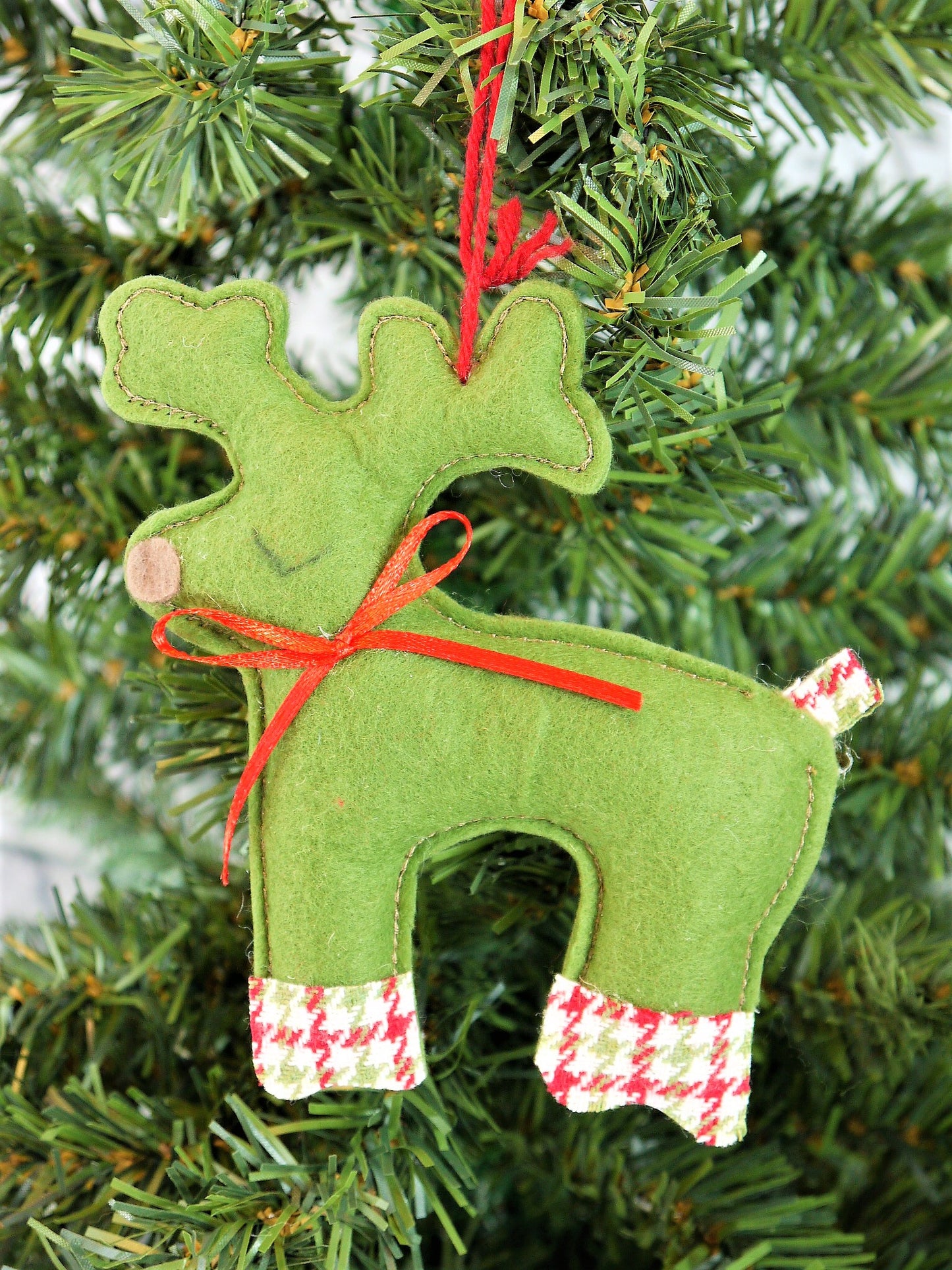 Handmade Green Plush Reindeer Christmas Ornament