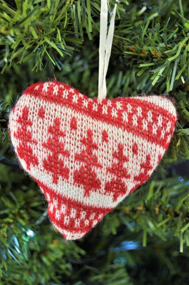Hand Made Red White Knitted Heart Christmas Hanging Ornament