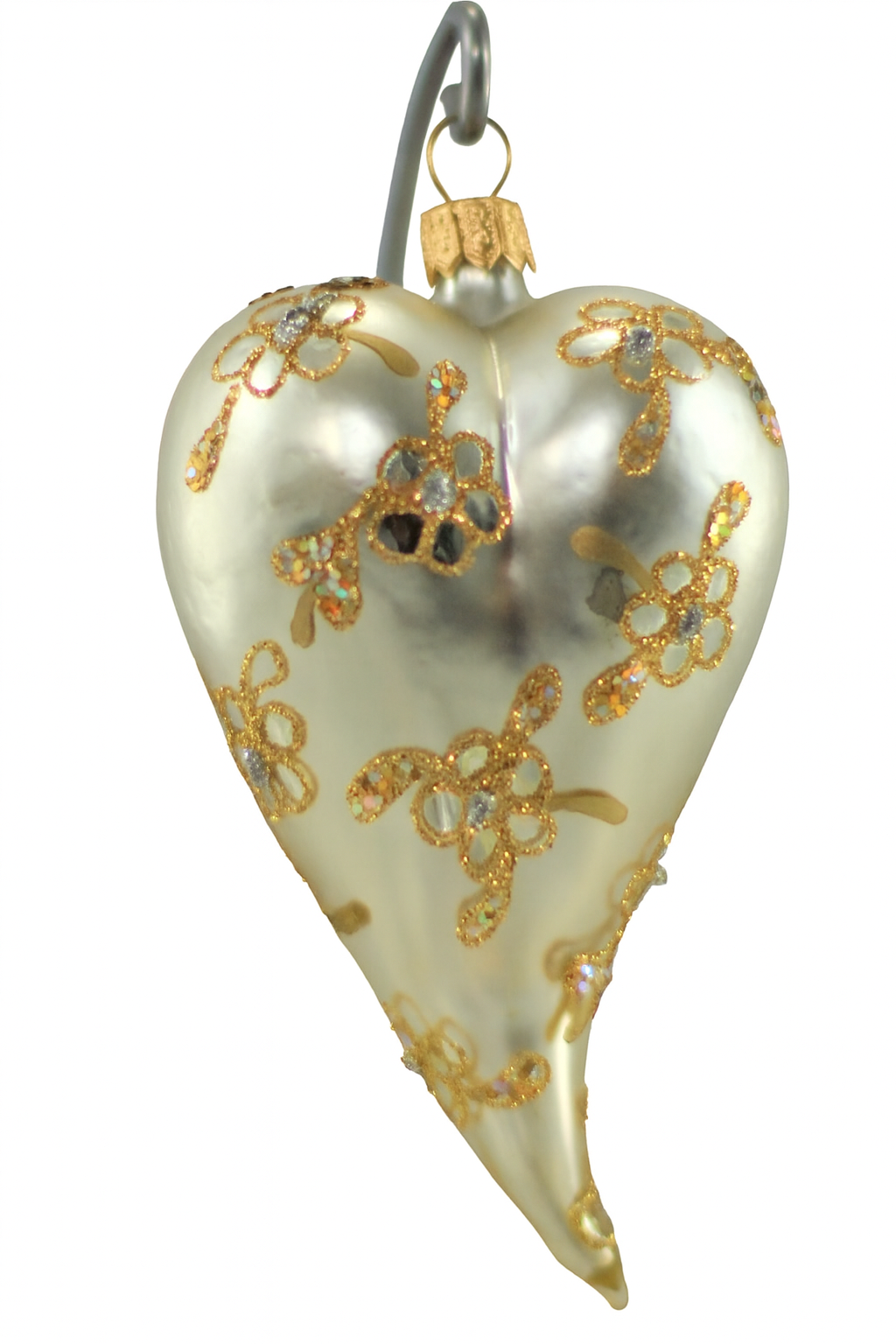 Silver Matt Glass Heart Christmas Ornament With Flower Design 12 cm (5”)
