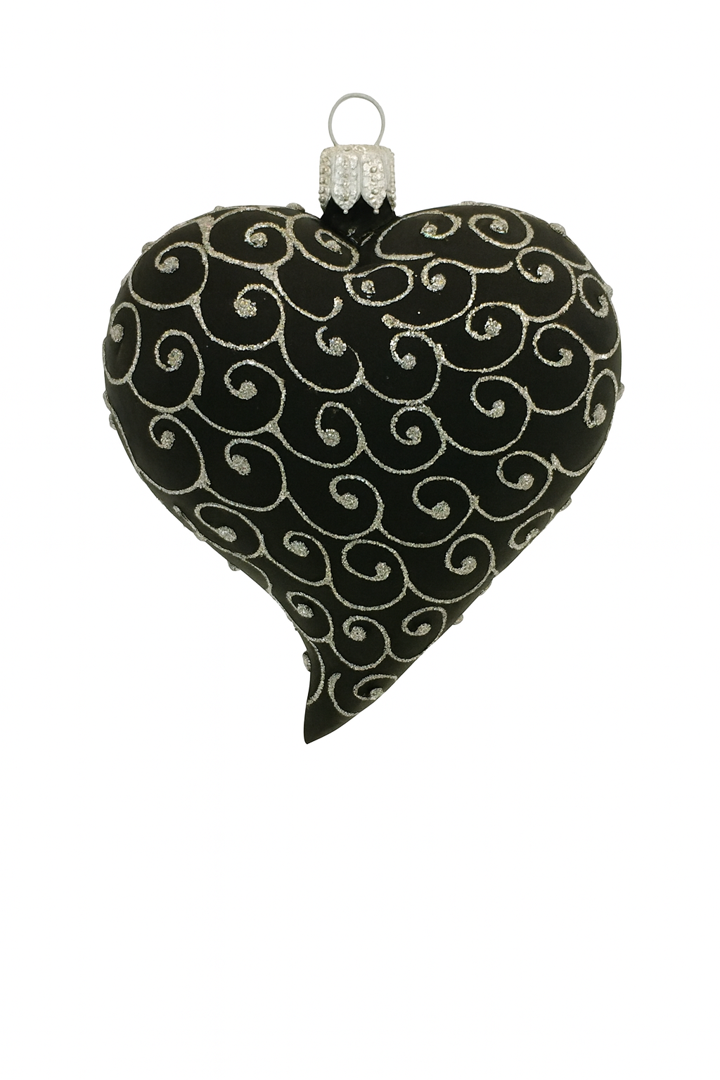 Black Matt Glass Heart Christmas Ornament With White Swirls