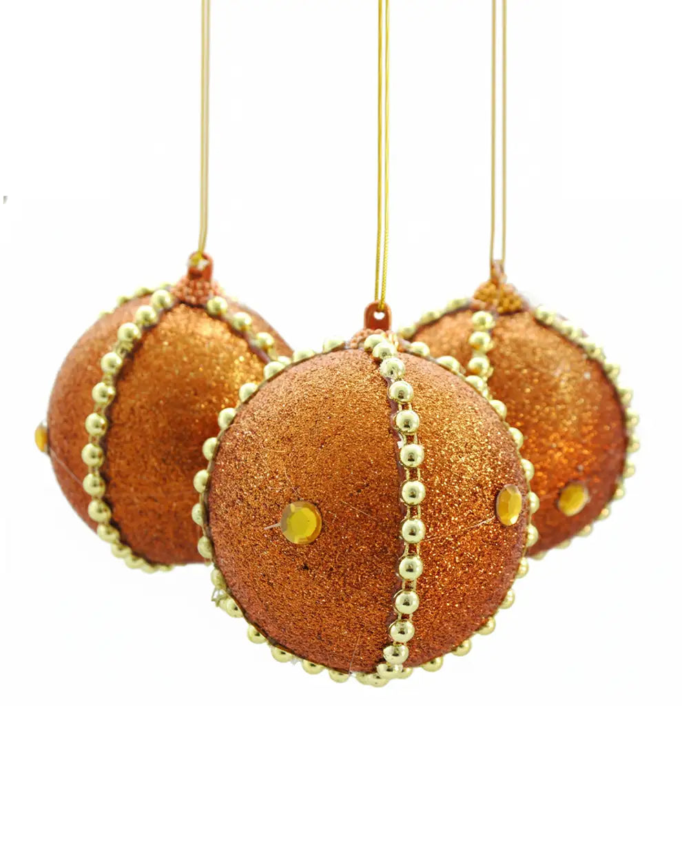 Set of 3 Round Christmas Baubles – Copper Gold Glitter With Beaded Chain And Crystals