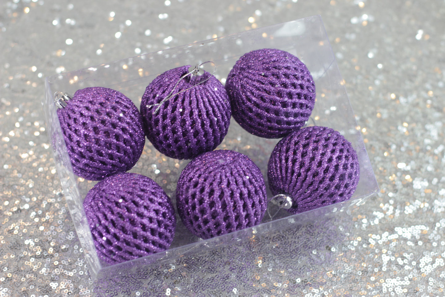Set of 6 Light Purple Foam Net Glitter Baubles