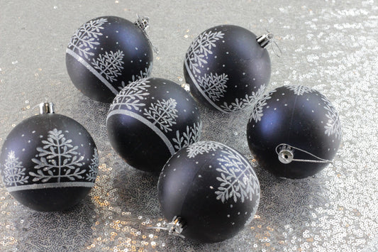 Set of 6 Dark Blue Matt Christmas Baubles with White Tree Print