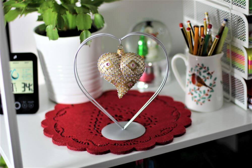 Gold & Cream Glass Heart Christmas Ornament with Gemstone Detailing