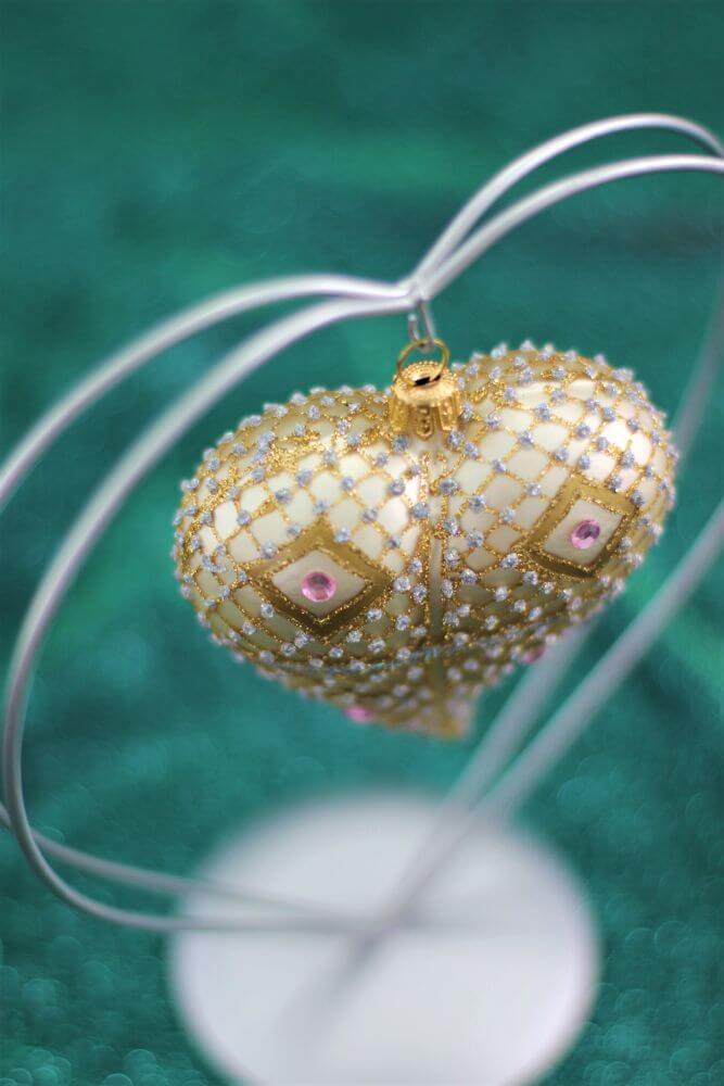 Gold & Cream Glass Heart Christmas Ornament with Gemstone Detailing
