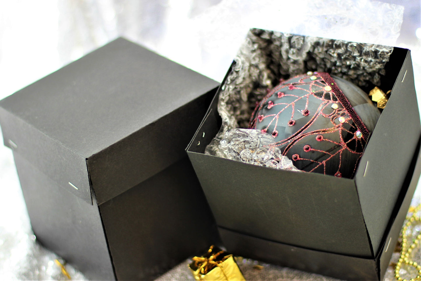 Large Black Matte Christmas Bauble with Pink Swirl Design