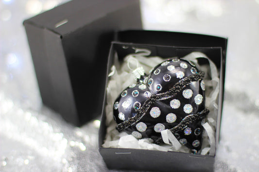 Glass Black Matte Heart Christmas Ornament with Silver Glitter Dott