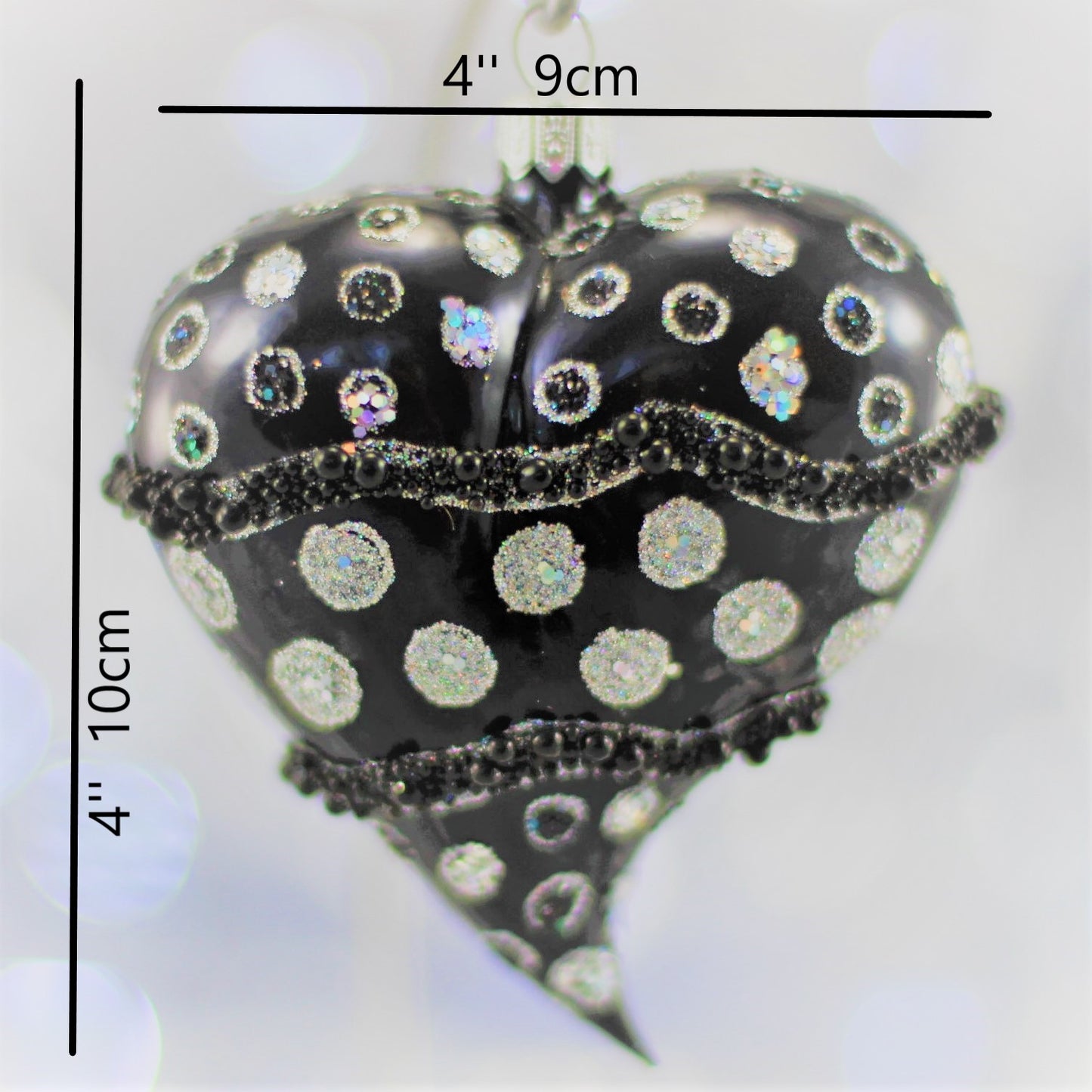 Glass Black Matte Heart Christmas Ornament with Silver Glitter Dott