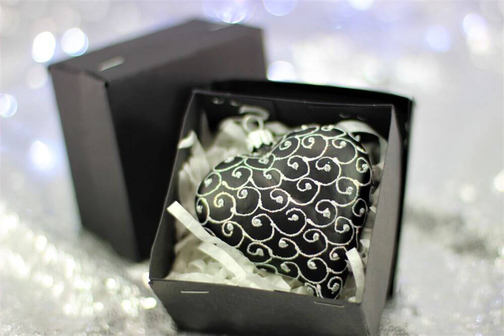 Black Matt Glass Heart Christmas Ornament With White Swirls