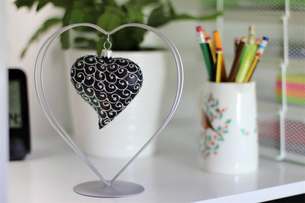 Black Matt Glass Heart Christmas Ornament With White Swirls