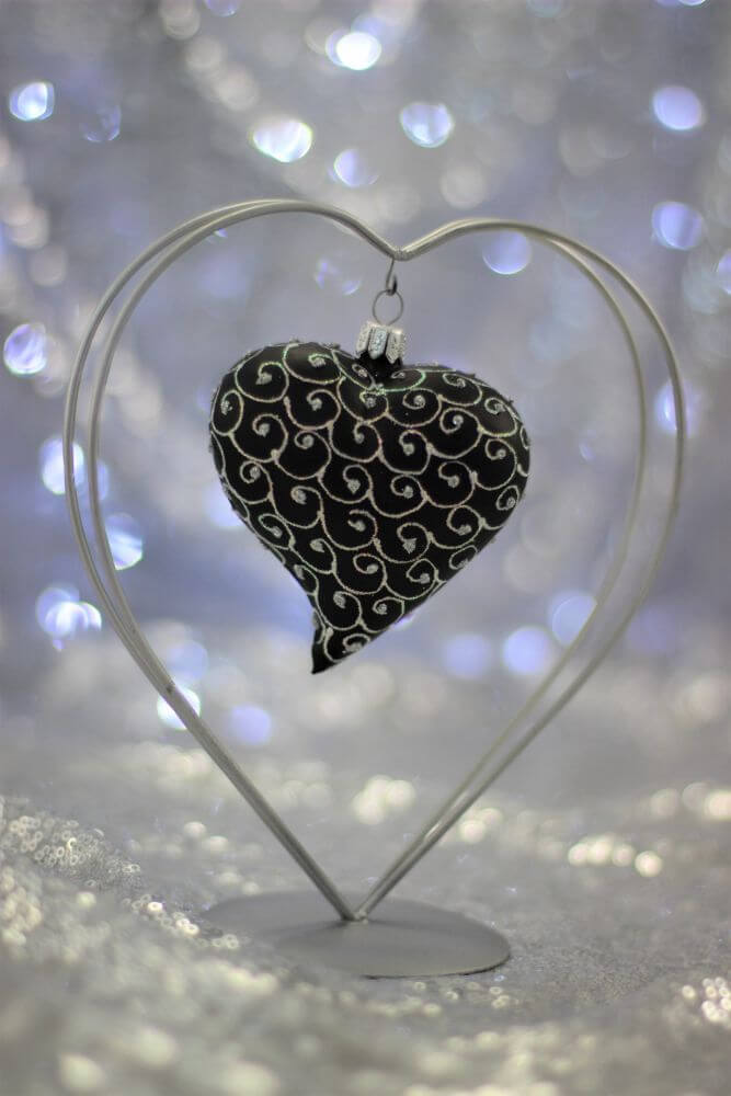 Black Matt Glass Heart Christmas Ornament With White Swirls