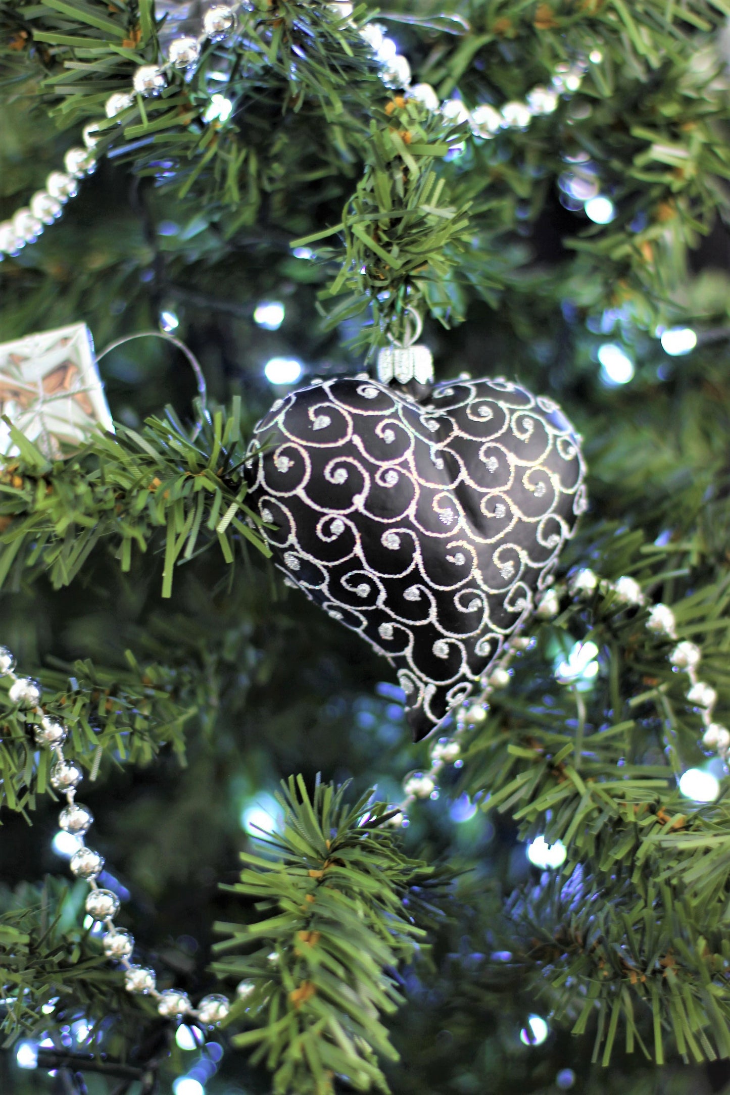 Black Matt Glass Heart Christmas Ornament With White Swirls