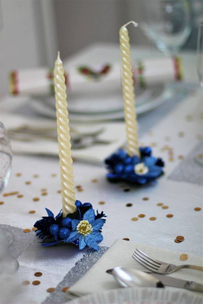 Blue Glitter Floral Candle or Tree Decoration – Set of 2