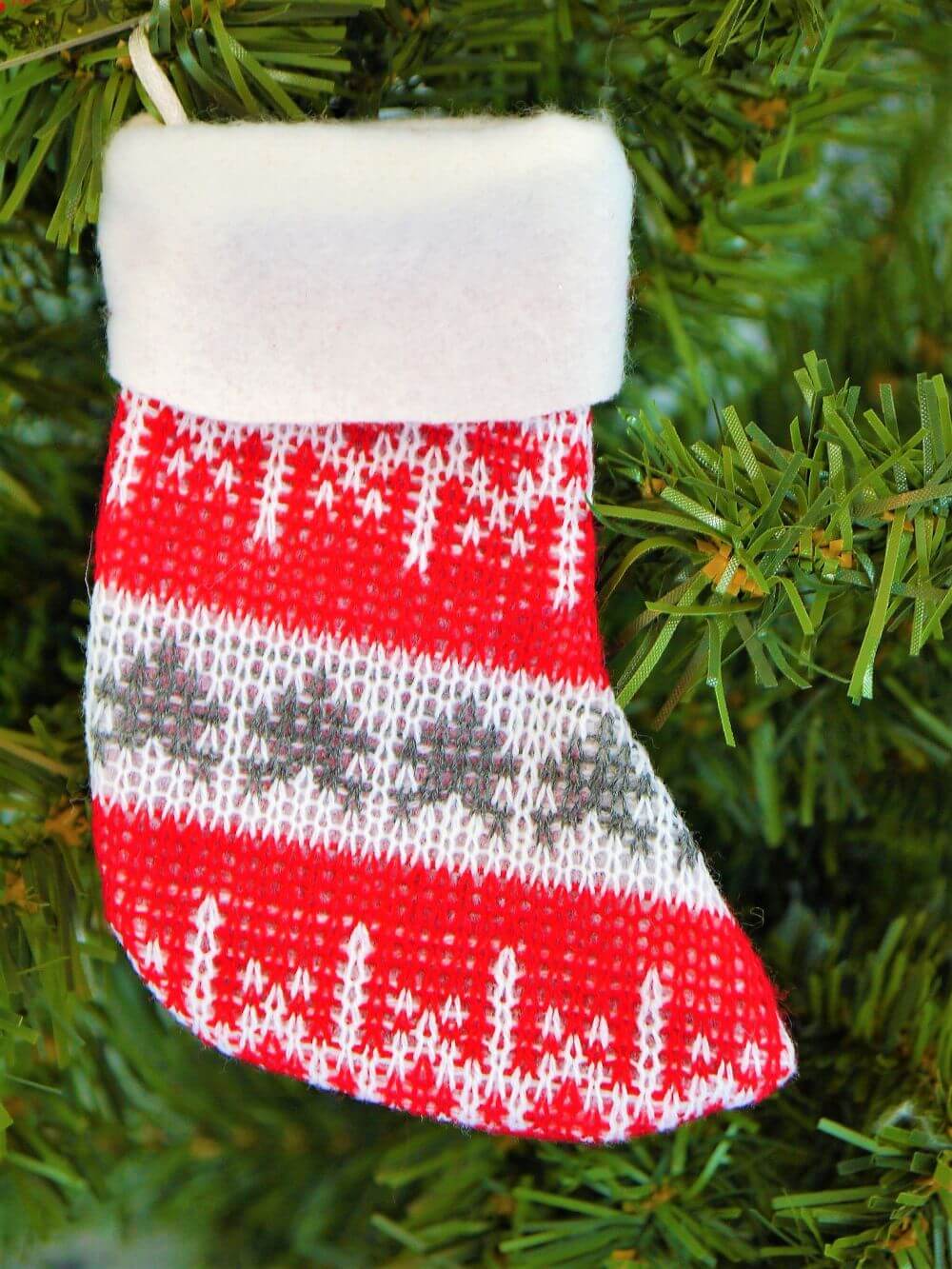 Red, White & Grey Patterned Knitted Christmas Stocking