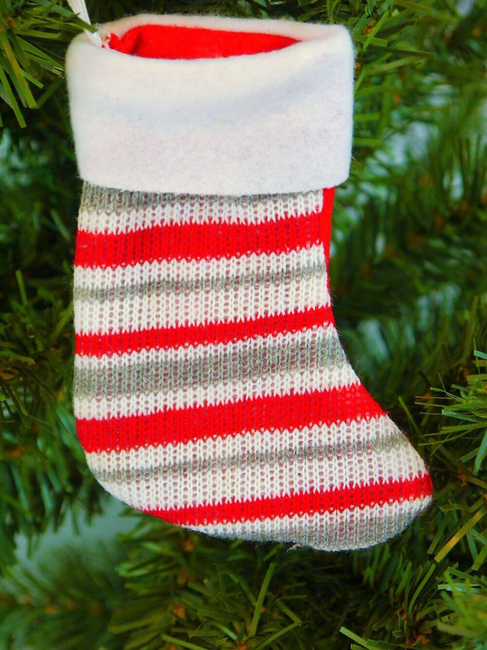 Mini Red, White & Grey Striped Knitted Christmas Stocking