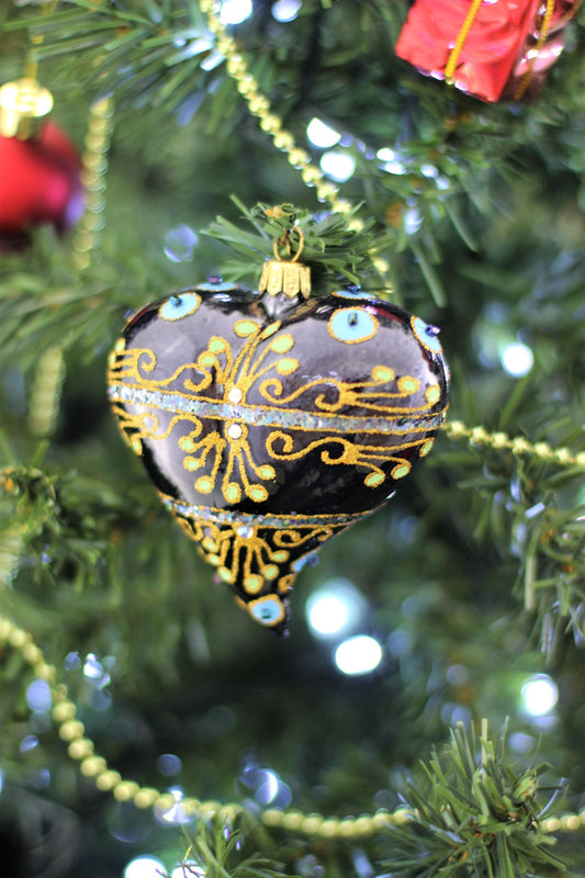 Navy Blue Heart Christmas Ornament With Gold Swirls