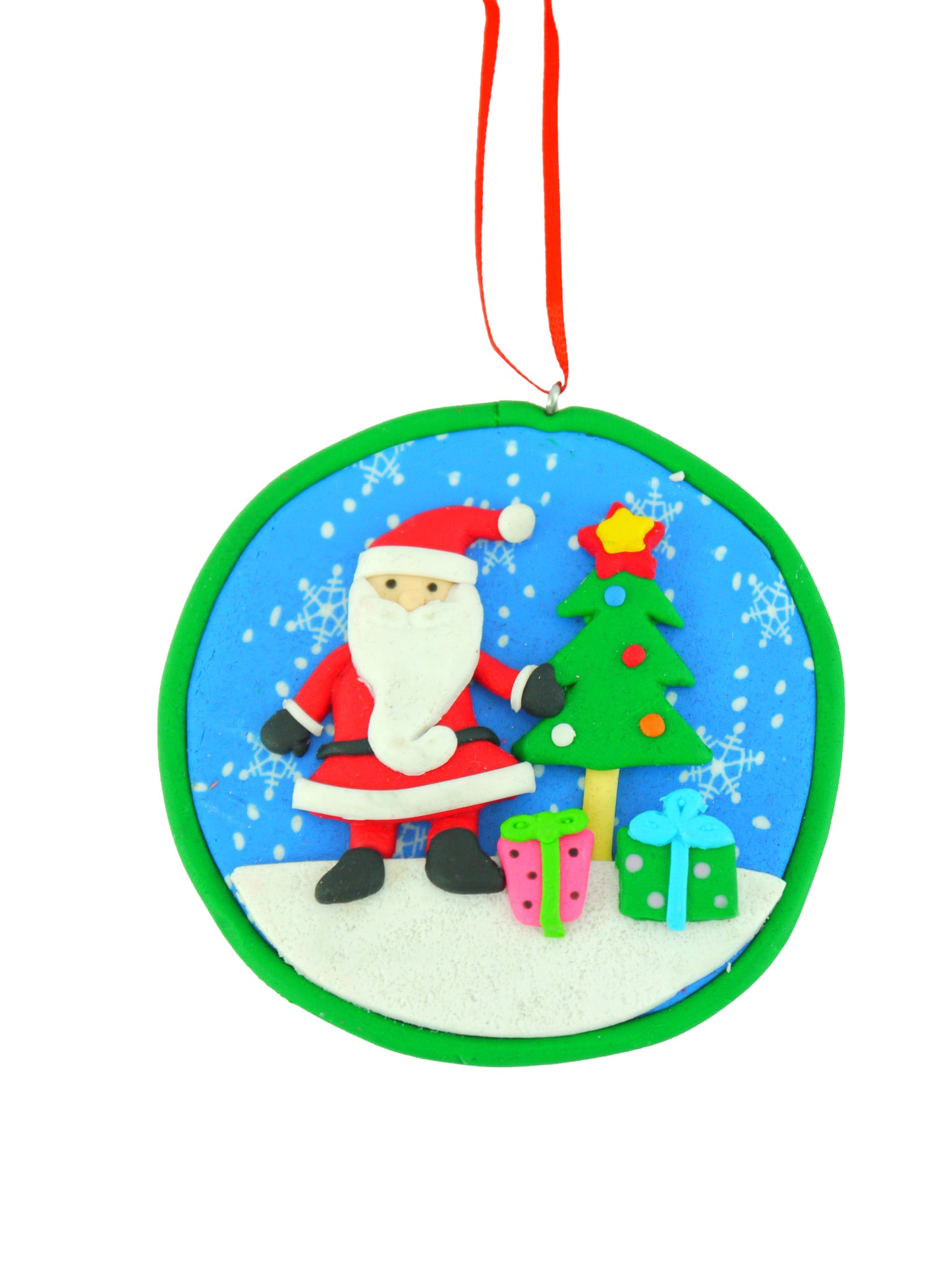 Detailed handmade polyclay Christmas ornament featuring Santa with a blue snowy scenery.