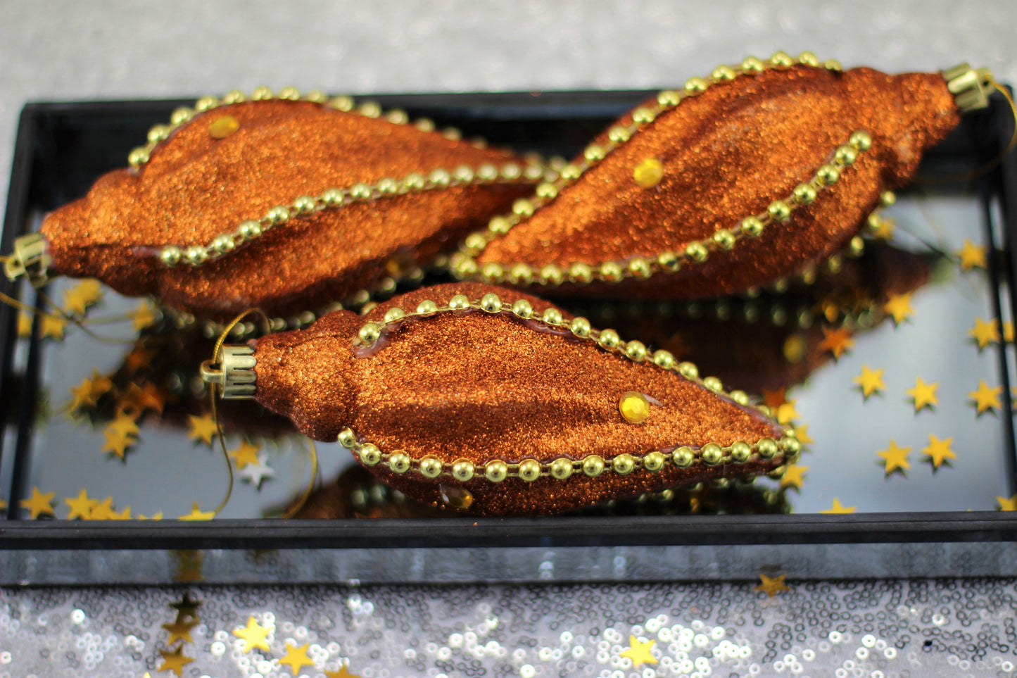 Set of 3 Large Christmas Icicle Baubles – Copper Gold Glitter With Beaded Chain And Crystals