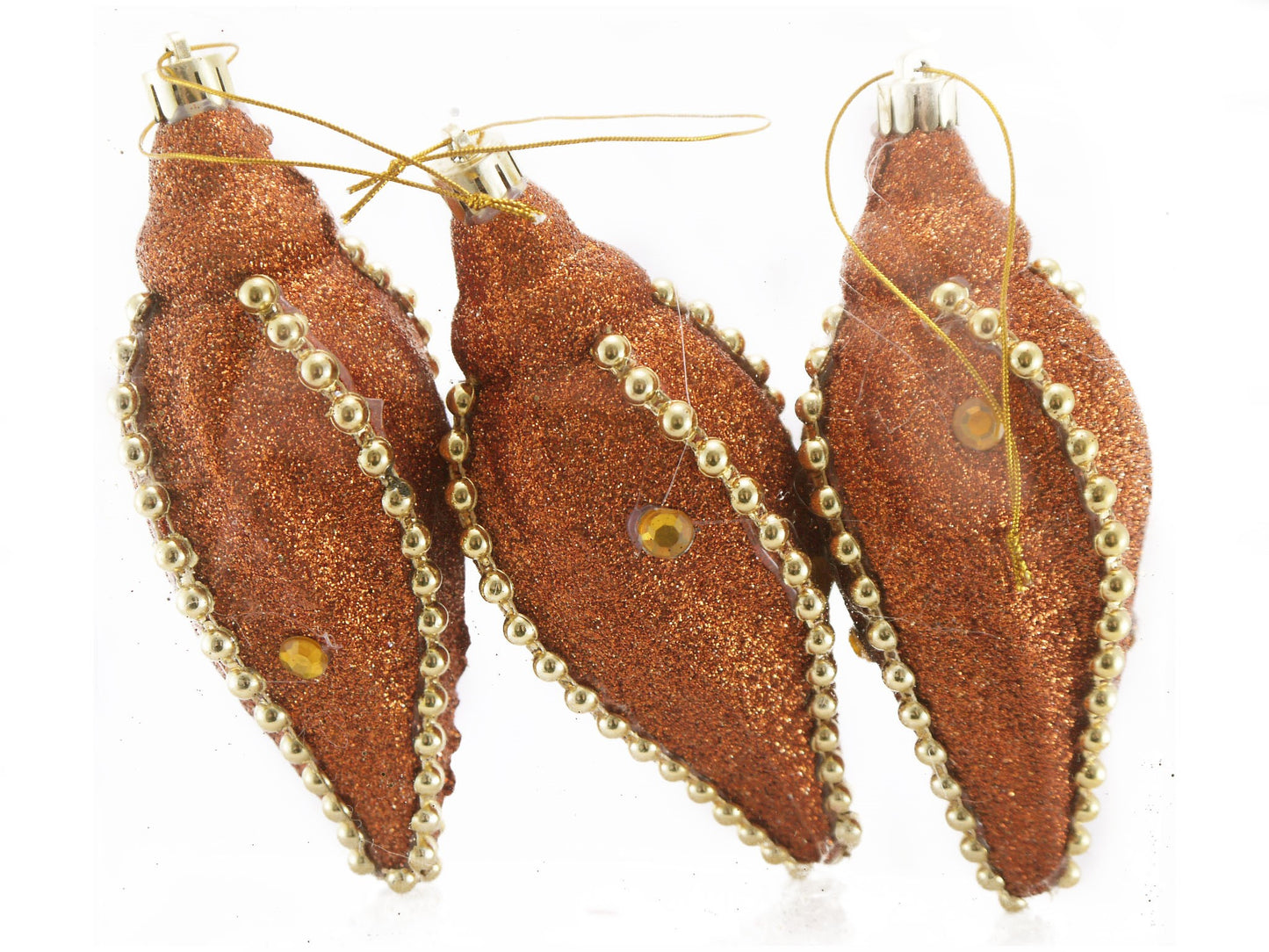Set of 3 Large Christmas Icicle Baubles – Copper Gold Glitter With Beaded Chain And Crystals