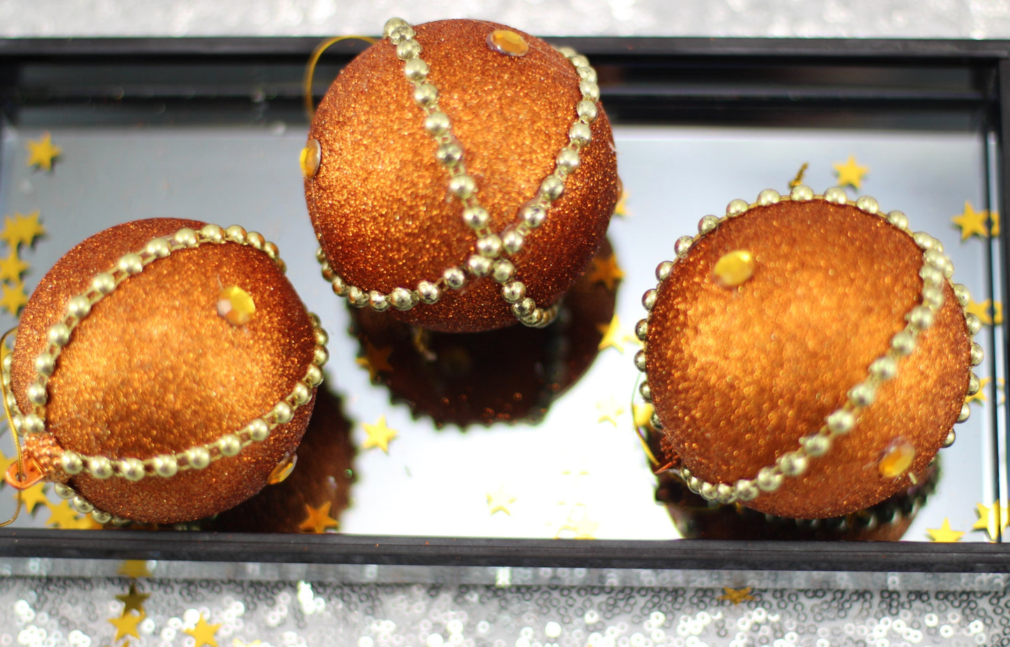 Set of 3 Round Christmas Baubles – Copper Gold Glitter With Beaded Chain And Crystals