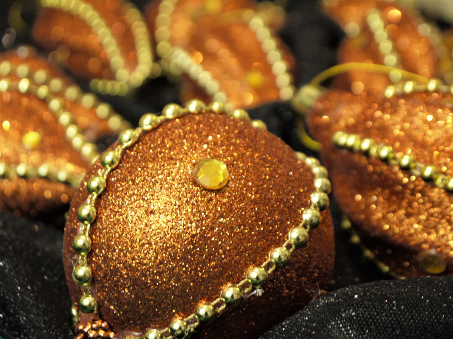 Set of 3 Round Christmas Baubles – Copper Gold Glitter With Beaded Chain And Crystals