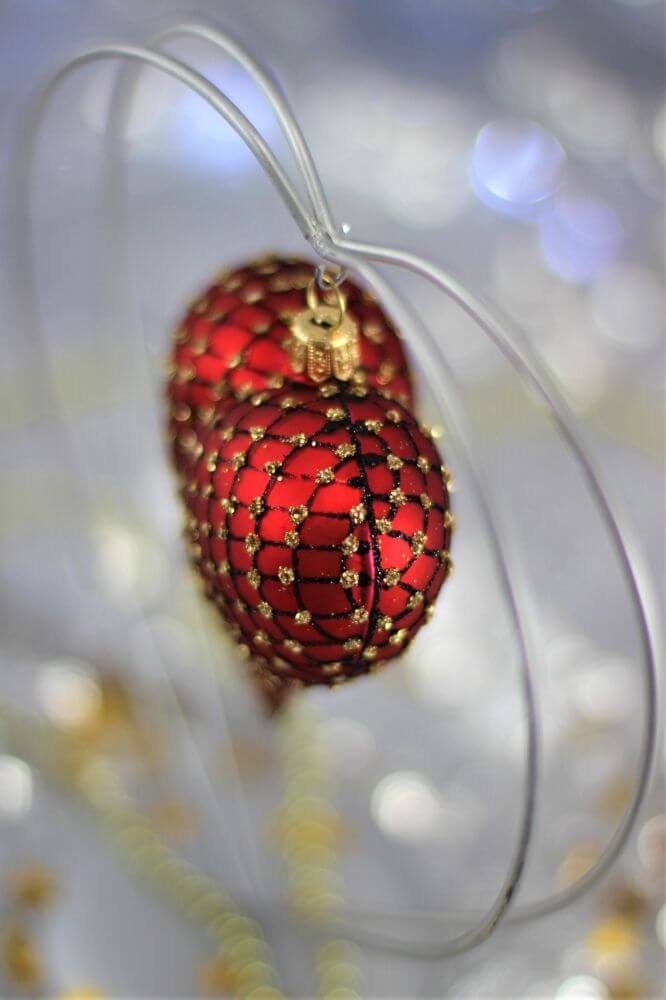 Red Matt Heart Christmas Ornament With Black & Gold Glitter Net