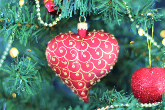Red Matt Heart Christmas Ornament With Gold Swirls