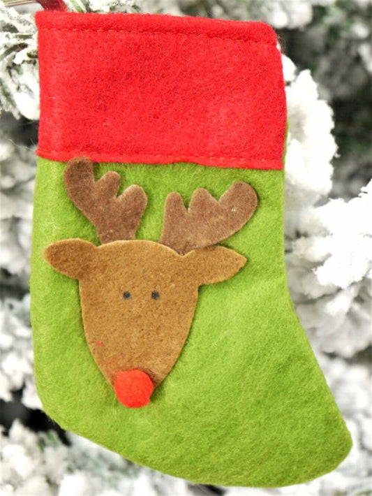 Handmade Green & Red Felt Christmas Stocking with Reindeer Design