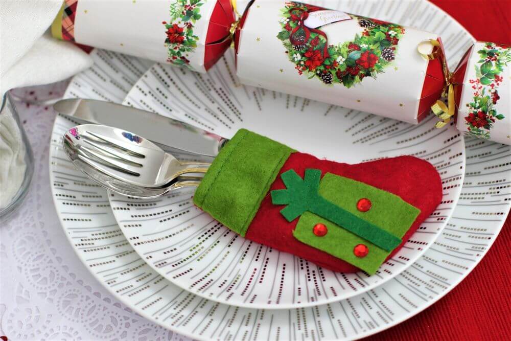 Handmade Red & Green Felt Christmas Stocking with Gift Design