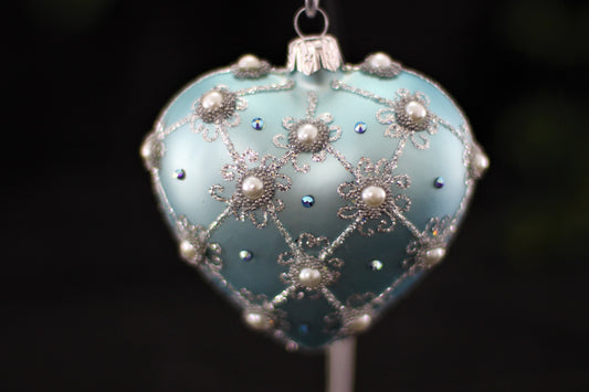 Blue Frost Luxury Glass Heart Christmas Bauble with Swarovski Crystals