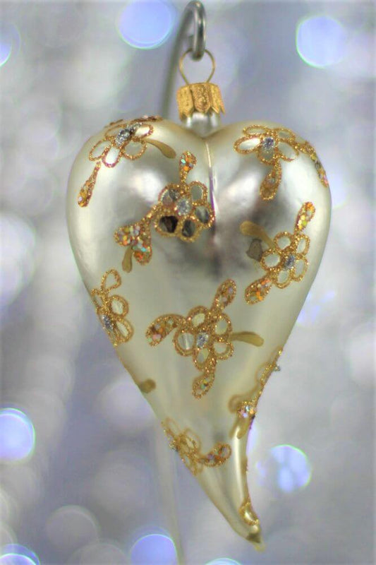 Silver Matt Glass Heart Christmas Ornament With Flower Design 12 cm (5”)