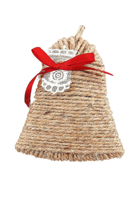 Rustic Jute Bell Christmas Ornament with Red Ribbon