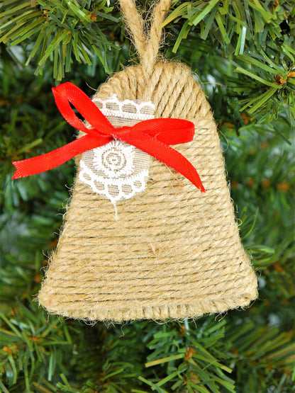 Rustic Jute Bell Christmas Ornament with Red Ribbon