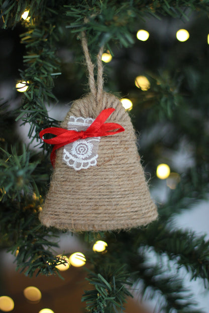 Rustic Jute Bell Christmas Ornament with Red Ribbon