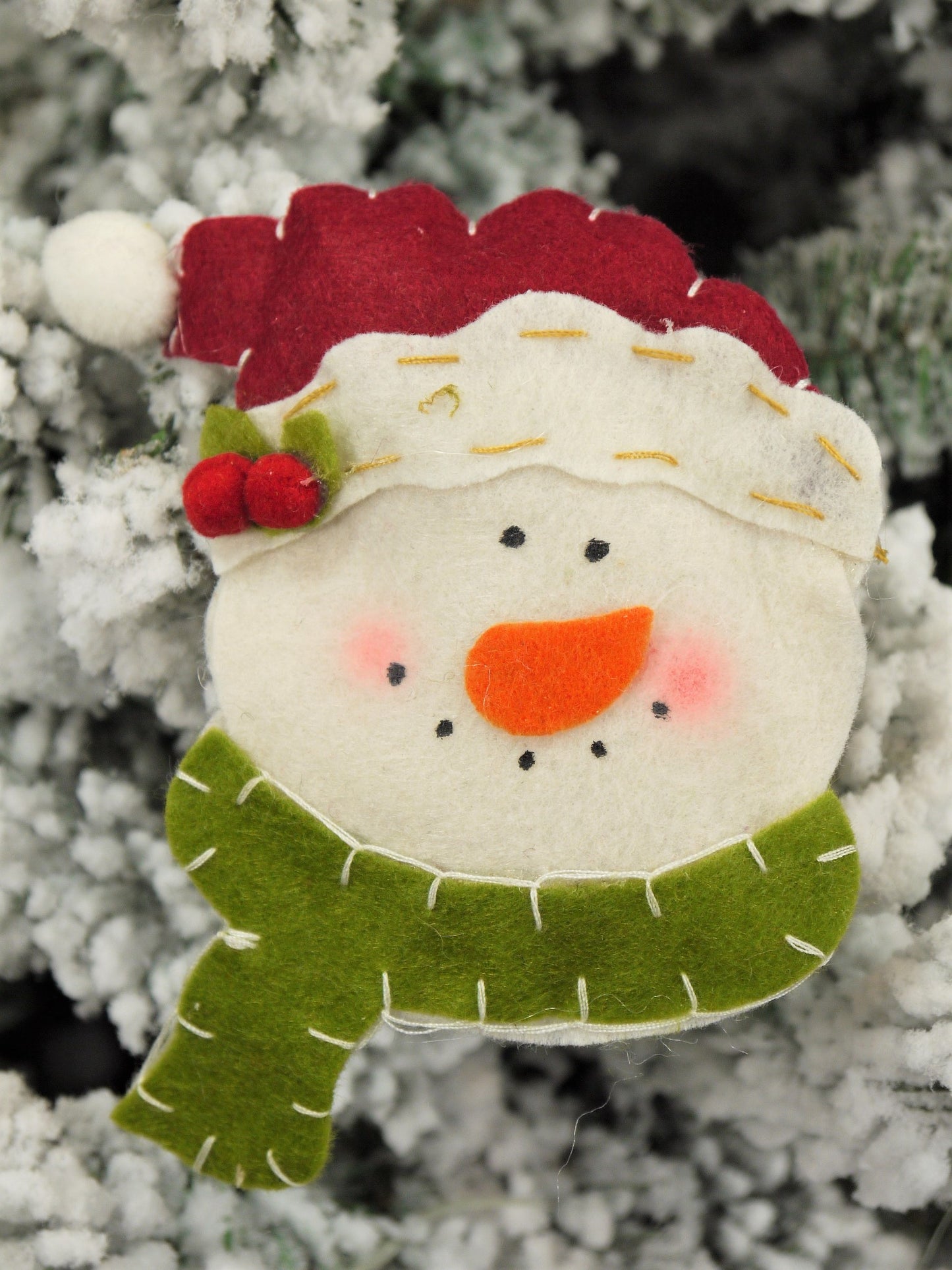 Plush Snowman Handmade Christmas Hanging Ornament Green Scarf