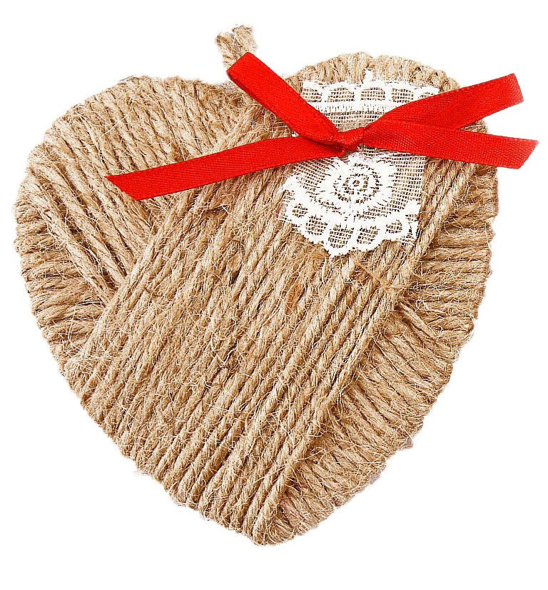 Rustic Jute Heart Christmas Ornament with Red Ribbon