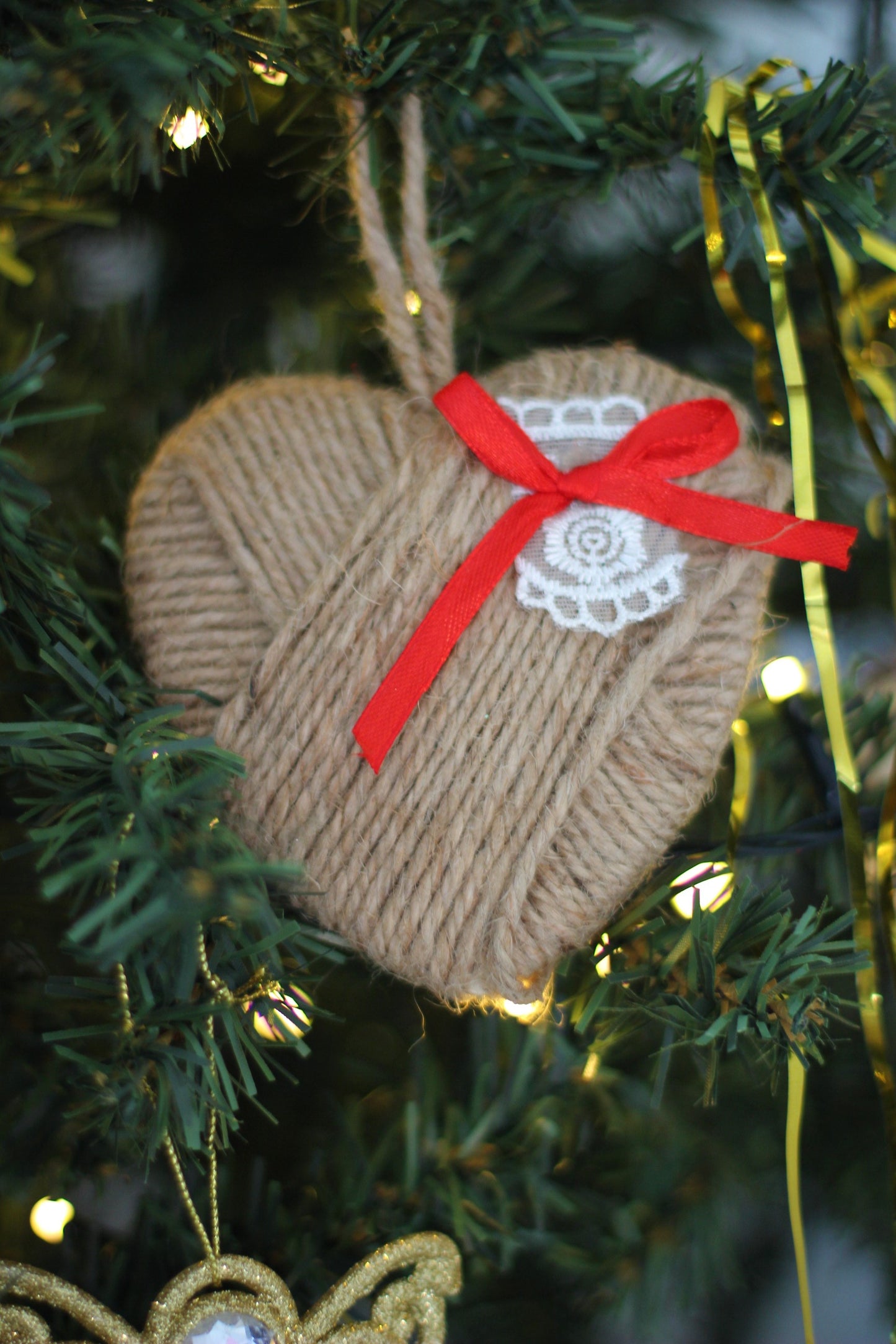 Rustic Jute Heart Christmas Ornament with Red Ribbon