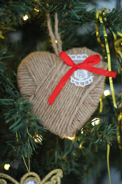 Rustic Jute Heart Christmas Ornament with Red Ribbon