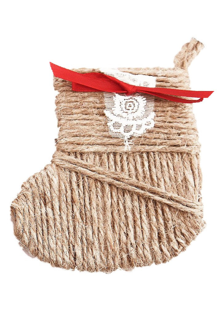 Rustic Jute Stocking Christmas Ornament with Red Ribbon