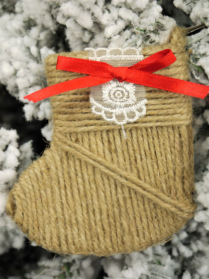 Rustic Jute Stocking Christmas Ornament with Red Ribbon