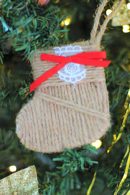 Rustic Jute Stocking Christmas Ornament with Red Ribbon
