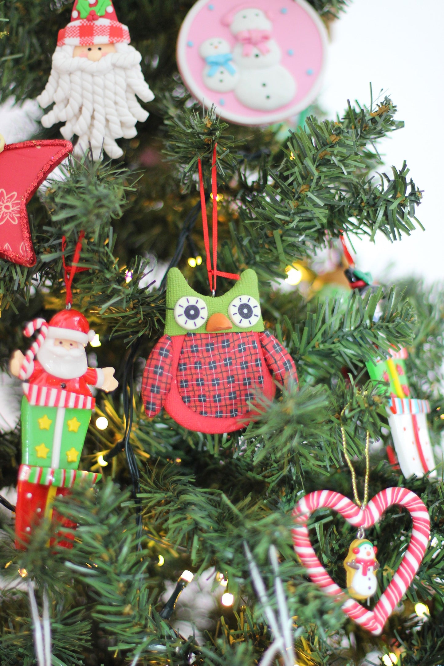 Red Owl Green Head Polyclay Christmas Hanging Ornament