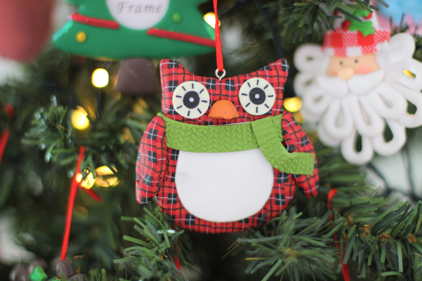 Red Owl White Belly Green Scarf Christmas Hanging Ornament