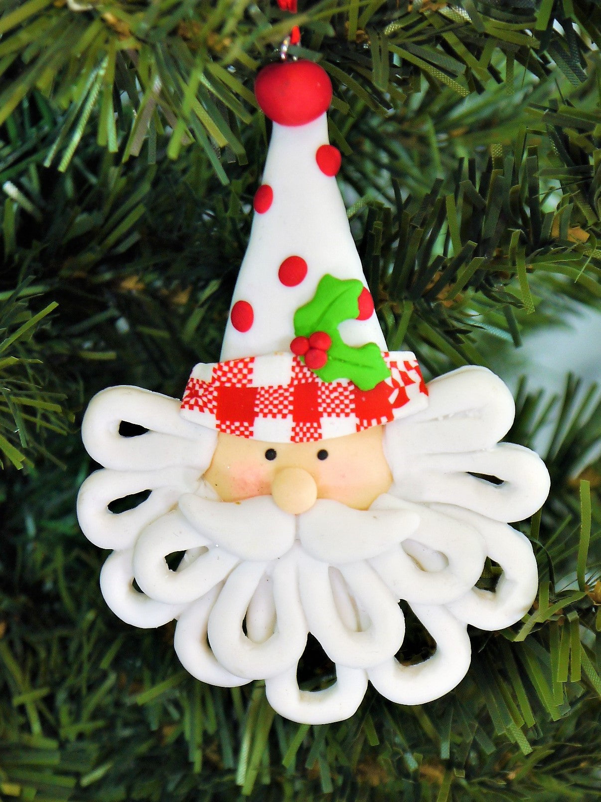 Hand Made Santa Head with White Hat Polyclay Christmas Hanging Ornament