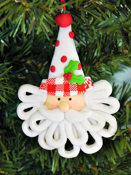 Hand Made Santa Head with White Hat Polyclay Christmas Hanging Ornament