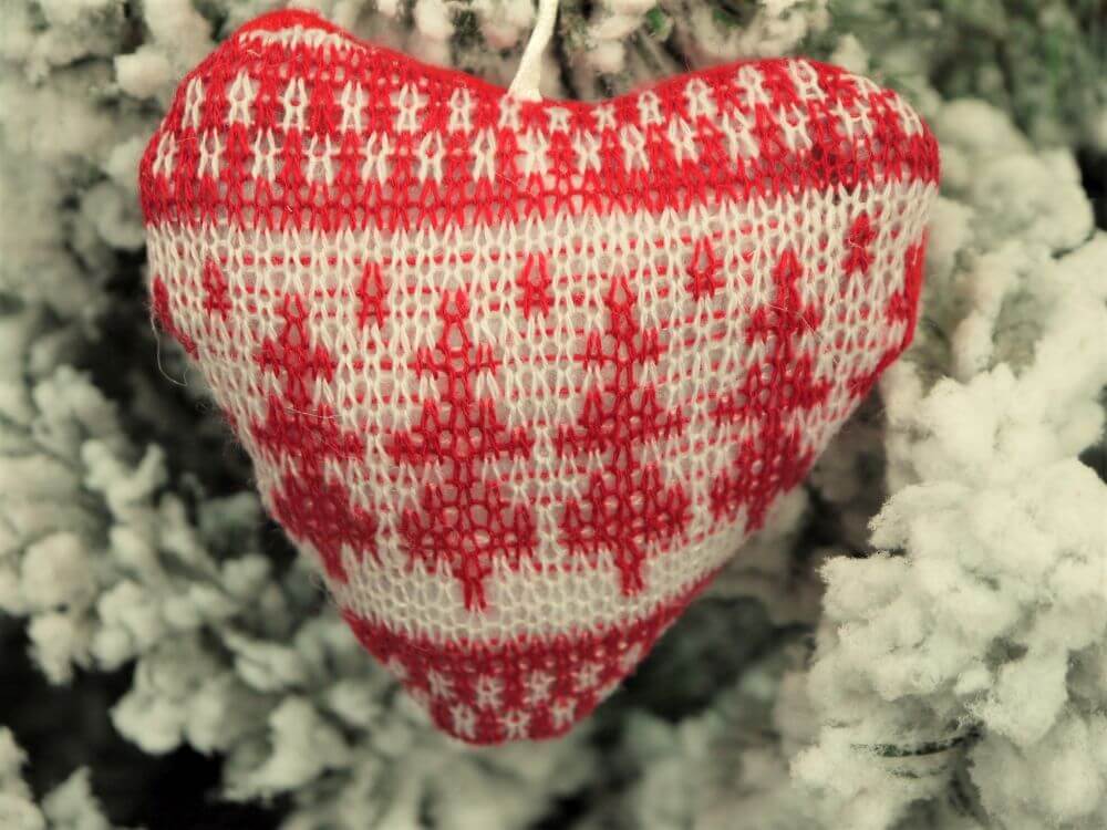 Hand Made Red White Knitted Heart Christmas Hanging Ornament