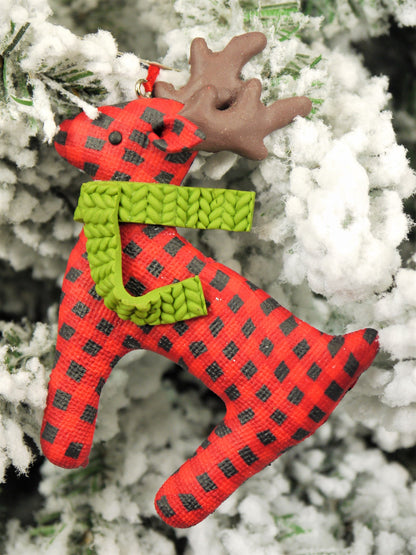 Handmade Red Reindeer with Scarf Polyclay Christmas Ornament – 9cm (3.5”)