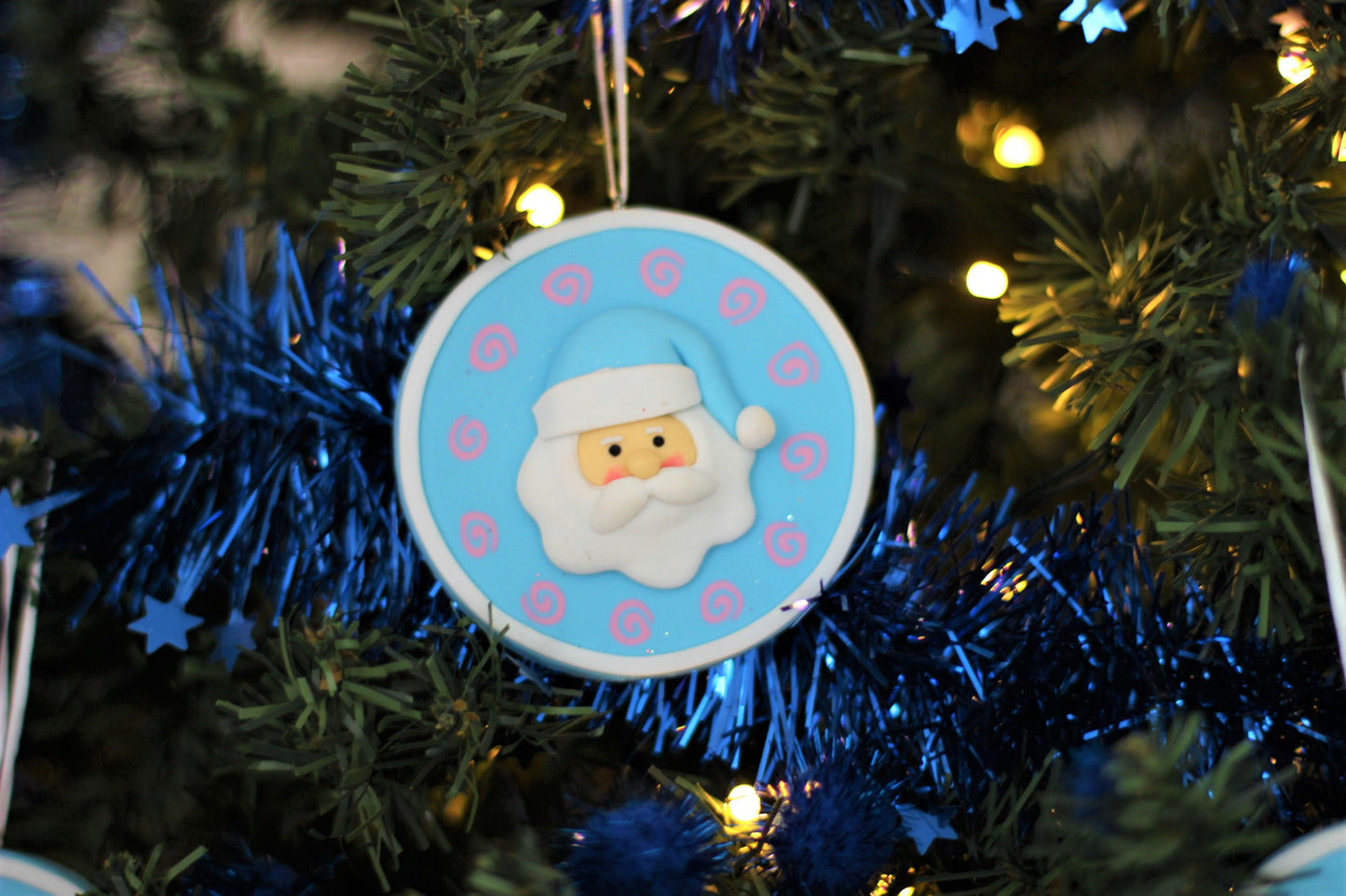 Hand Made Baby Blue Santa Polyclay Christmas Hanging Ornament