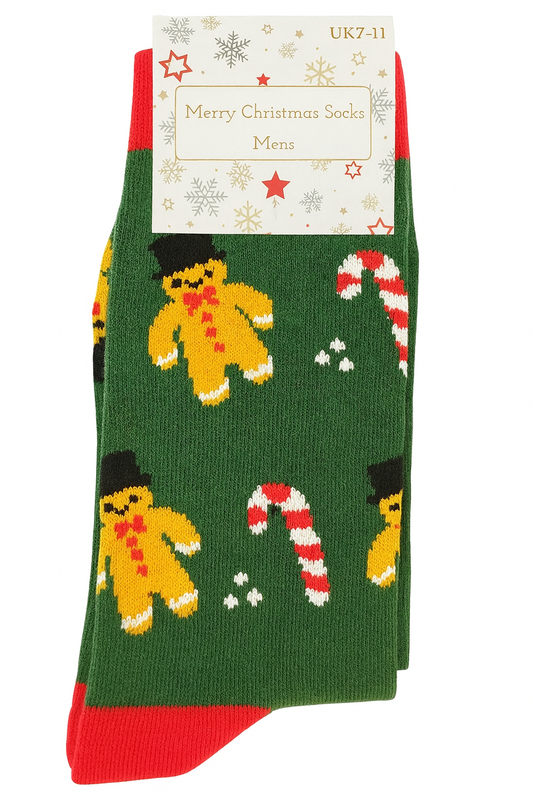 Merry Christmas Men’s Socks – Gingerbread Candy Cane Design UK 7–11